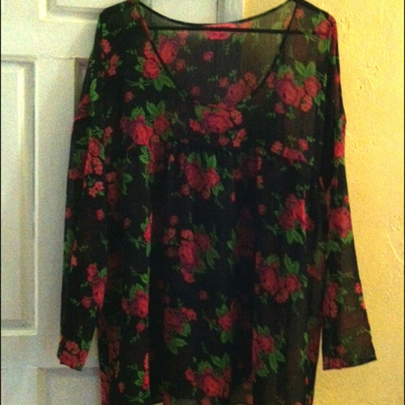 Betsey Johnson Tops - BETSEY JOHNSON Sheer Black Tunic-Roses-One Size